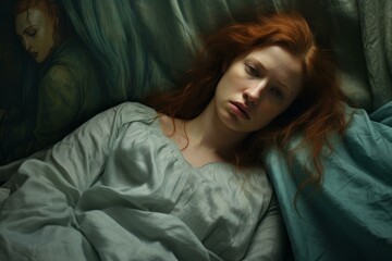 Naklejka premium Thoughtful young woman with red hair lies in bed, juxtaposed with a muted, painted background
