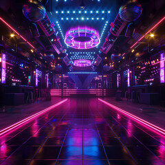 The empty club is filled with neon lights and has a dance floor