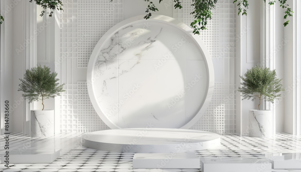 Poster a 3d rendering podium set against a backdrop of white square patterns exudes a refined architectural