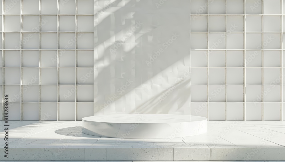 Poster a 3d rendering podium set against a backdrop of white square patterns exudes a refined architectural