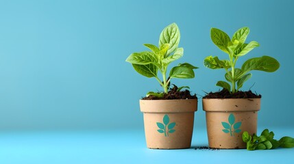 3 small plants growing in pots on blue background, green plant, concept for business growth and financial success of company or estate real standartized composition .
