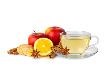 Fragrant hot tea with cinnamon stick and anise isolated on white background. A cup of hot tea with...