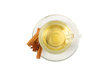 Fragrant hot tea with cinnamon stick and anise isolated on white background. A cup of hot tea with honey, lemon, mint and apples. Spicy tea with spices. Immunity tea. Health concept.