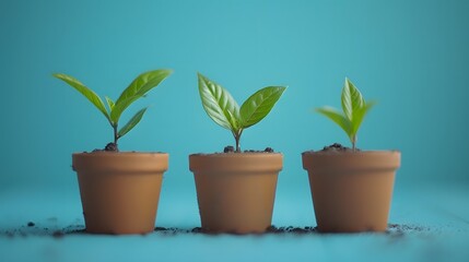 Obraz premium 3 small plants growing in pots on blue background, green plant, concept for business growth and financial success of company or estate real standartized composition . 
