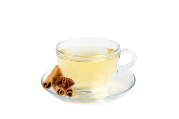 Fragrant hot tea with cinnamon stick and anise isolated on white background. A cup of hot tea with honey, lemon, mint and apples. Spicy tea with spices. Immunity tea. Health concept.