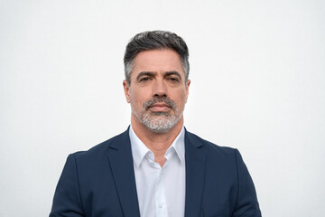 Closeup headshot face portrait of worried boss businessman isolated on white studio background. Latin hispanic middle age focused man, manager, ceo in formal business suit looking stressed at camera