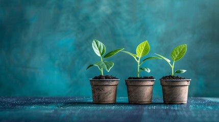 Obraz premium 3 small plants growing in pots on blue background, green plant, concept for business growth and financial success of company or estate real standartized composition . 