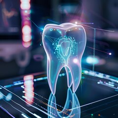 A bright digital display analyzes the molecular composition of tooth enamel, enhancing understanding of dental health, Sharpen close up hitech concept with blur background