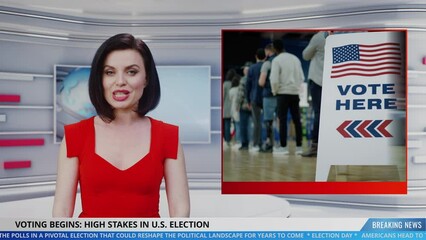 Female newscaster in studio reports live news about Presidential Election Day in the United States. Video story shows highlights from voting station. Playback of broadcast for political TV program.