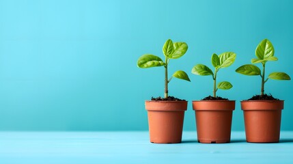 3 small plants growing in pots on blue background, green plant, concept for business growth and financial success of company or estate real standartized composition .
