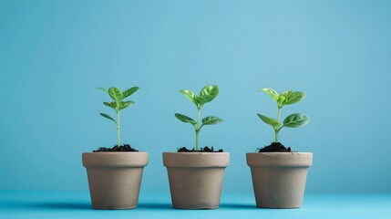 Obraz premium 3 small plants growing in pots on blue background, green plant, concept for business growth and financial success of company or estate real standartized composition . 
