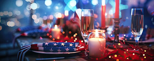 Young couples Fourth of July dinner scene with red, white, and blue decorations, American flag napkins, and romantic candlelight