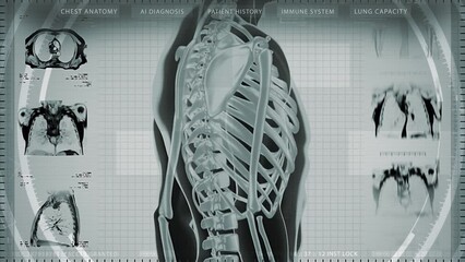 Medical Display Showing Several MRI views. Rotating 3D Human Thorax with Bone Structure and Lungs. AI Enhance Medical Interface. Health Care.
- Powered by Adobe