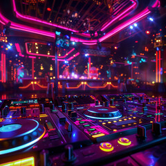 A neon colored DJ booth with a neon disc player