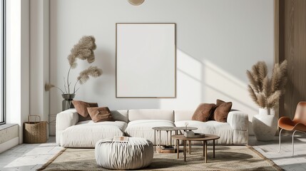 Contemporary living room with a mockup poster frame, modern artistic sculptures, and a sleek, minimalistic design, 3D illustration