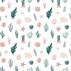 Seaweed seamless pattern. Hand drawn plants botanical texture. Great for fabric, textile, apparel, walloper, digital paper. Isolated on white background
