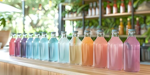 Designs of empty bottles at a cold press juice bar counter. Concept Interior Decor, Healthy Lifestyle, Juice Bar, Cold Pressed Juices, Beverage Packaging