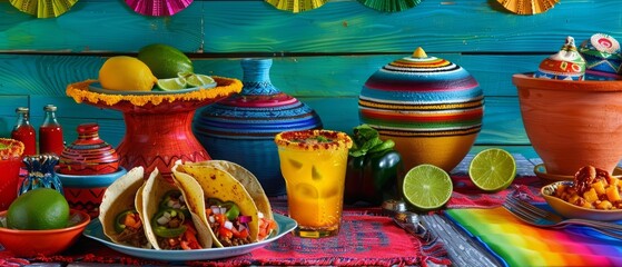 A festive and colorful image of a Mexican fiesta table, adorned with tacos and margaritas, infused with vibrant, festive decorations