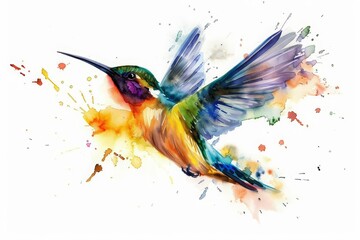 A fascinating watercolor of a tropical bird in midflight, its feathers a kaleidoscope of colors, isolated with a white background