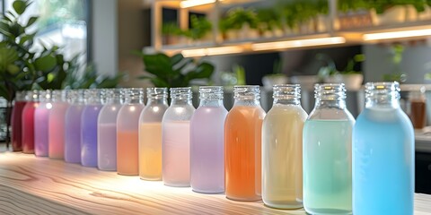 Mockups of empty bottles at a cold pressed juice bar counter. Concept Photography, Product Presentation, Juice Bar, Mockups, Marketing Strategy