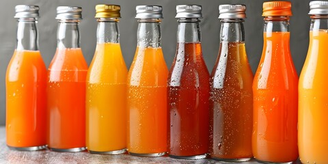 Row of Colorful Juice Bottles. Concept Food Photography, Beverage Display, Healthy Lifestyle, Refreshing Drinks, Tasty Beverage