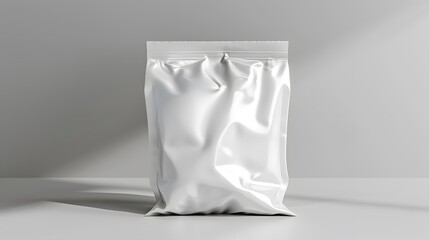 3d render of blank white foil bag packaging for chips or snacks, mockup isolated on gray background.
