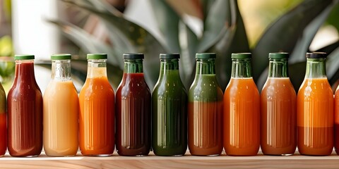 Juice bar with assorted juices in green glass bottles on wooden display. Concept Healthy Juices, Green Glass Bottles, Wooden Display, Assorted Flavors, Juice Bar Setup