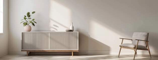 interior design,Exquisite Minimalist Sideboard Adorned with Decorative Accents in a Serenely Scandinavian Interior Setting