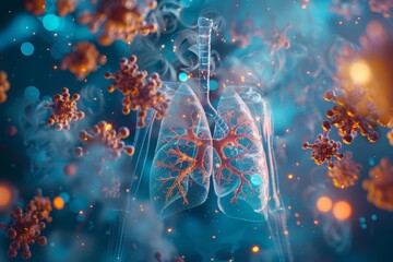 A highresolution 3D model displays the progression of a respiratory infection in the lungs, Sharpen close up hitech concept with blur background