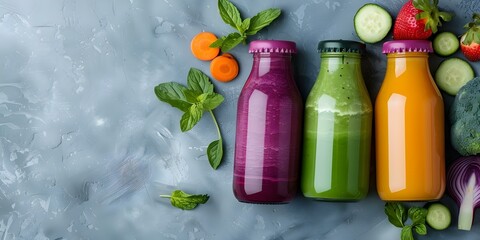 Three Fresh Vegetable Juices in Bottles. Concept Healthy Lifestyle, Juicing Benefits, Glass Bottles, Fresh Vegetables, Nutrition Benefits