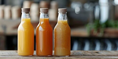 Three coldpressed juice bottles neatly lined up on a wooden table. Concept Healthy Lifestyle, Coldpressed Juice, Wooden Table Decor, Beverage Photography