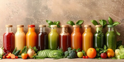 Vibrant vegetable juices in glass bottles with fresh ingredients promoting healthy lifestyle. Concept Fresh Juices, Glass Bottles, Healthy Lifestyle, Vibrant Vegetables, Fresh Ingredients