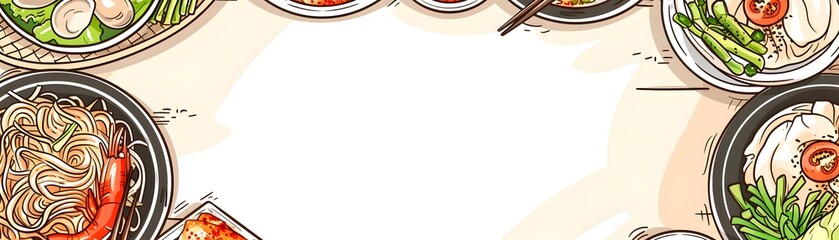 Illustrated seafood and noodle dishes with white space in the center of each plate isolated dish frame for food event invitation