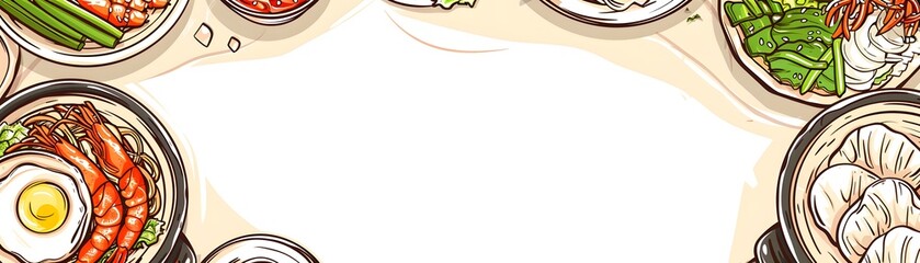 Obraz premium Illustrated seafood and noodle dishes with white space in the center of each plate isolated dish frame for food event invitation