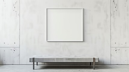Contemporary minimalist interior with one blank frame on a wall over a concrete bench, white textured backdrop, gallery display concept, 3D render