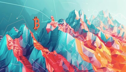 A panoramic banner captures the brisk movement of a bitcoin symbol along a financial graph against a backdrop of soaring digital mountains