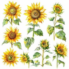 A set of water color of sunflowers turning towards the sun, reflecting optimism and the energy of a bright, sunny day, Clipart isolated concept minimal with white background