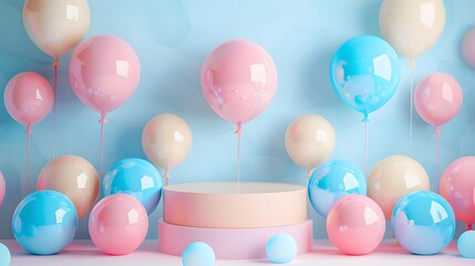 A cute pastel blue, pink and cream colored podium with a backdrop of balloons in the same colors.
