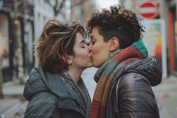 Fototapeta premium With each lingering kiss, the couple embraced the essence, their affectionate gestures serving as a beacon of hope and inspiration for the LGBTQ community