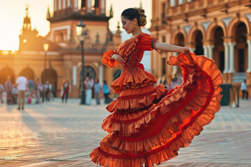 Beautiful female flamenco dancer in traditional dance dress. Young woman dancing flamenco on oldtown square