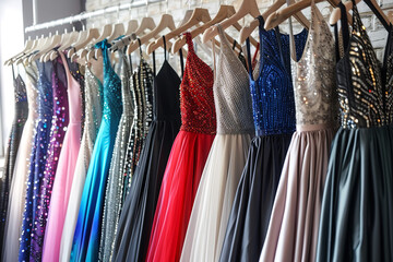 Collection of elegant evening dresses hanging on rack in luxury modern shop boutique