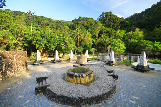 Famous natural hot spring well (onsen) in Raksa Warin public park in Ranong Province, Thailand
