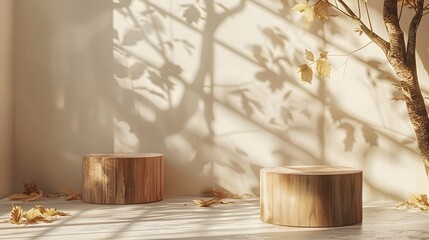 A mockup of two podiums made from natural wood, one cylindrical and the other square, with shadows cast on them in the style of autumn leaves.
