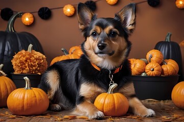 Dog with pumpkins halloween decorations