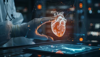 Obraz premium A surgeon examines a holographic heart floating above a tablet, a blend of medical expertise and digital innovation for futuristic healthcare