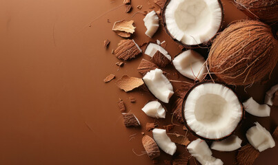 sliced coconuts on textured brown background, tropical organic ingredient, copy space for text