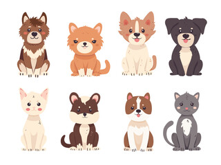 Set of vector illustrations of cute and funny pets in flat style. Various breeds of dogs and cats in a sitting position, isolated on a white background. Pets

