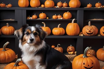 Dog with halloween pumpkins indoor photoshoot