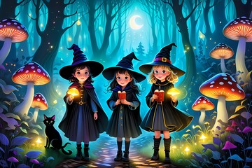 Halloween party background with witch digital art illustration, Children celebrating halloween