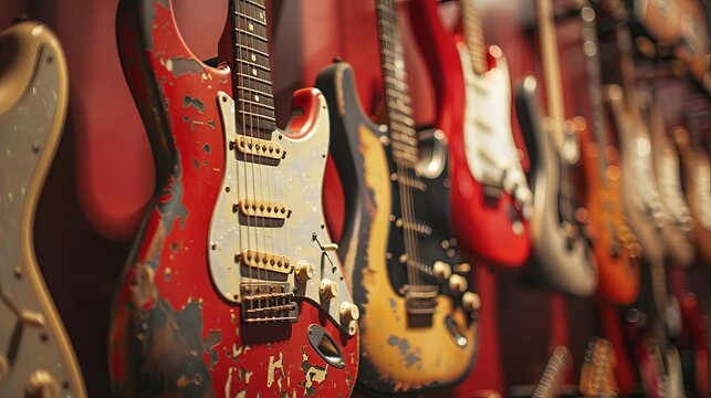 A series of guitars displayed on a wall, showcasing various types and eras of music history